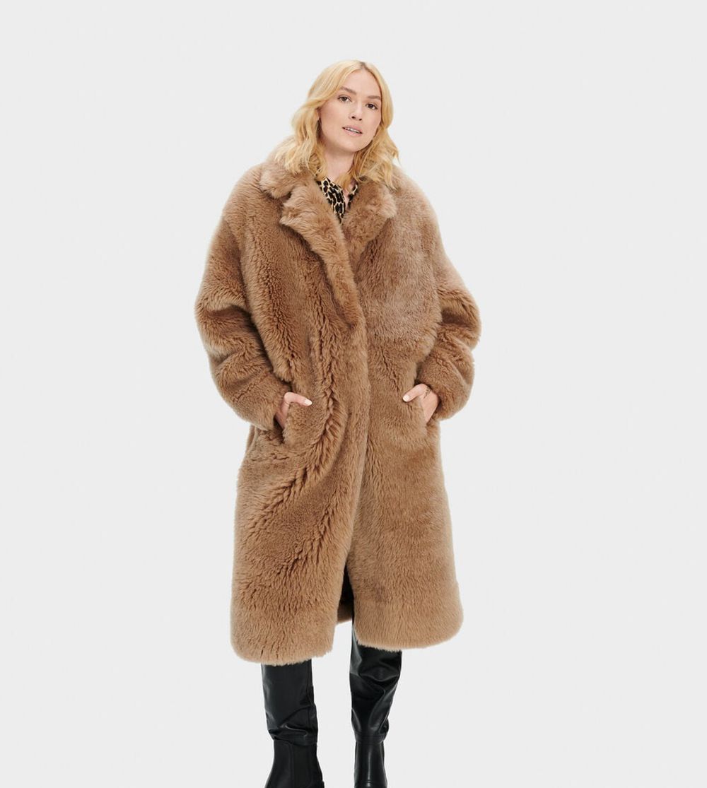 Ugg Coat Womens - Ugg Esme Long Shearling Brown - 632IMNJBD